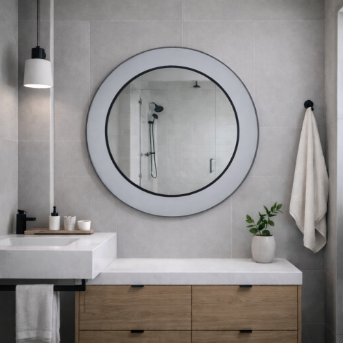 Lustro lutowane okrągłe na szkle lacobel biały w czarnej patynie